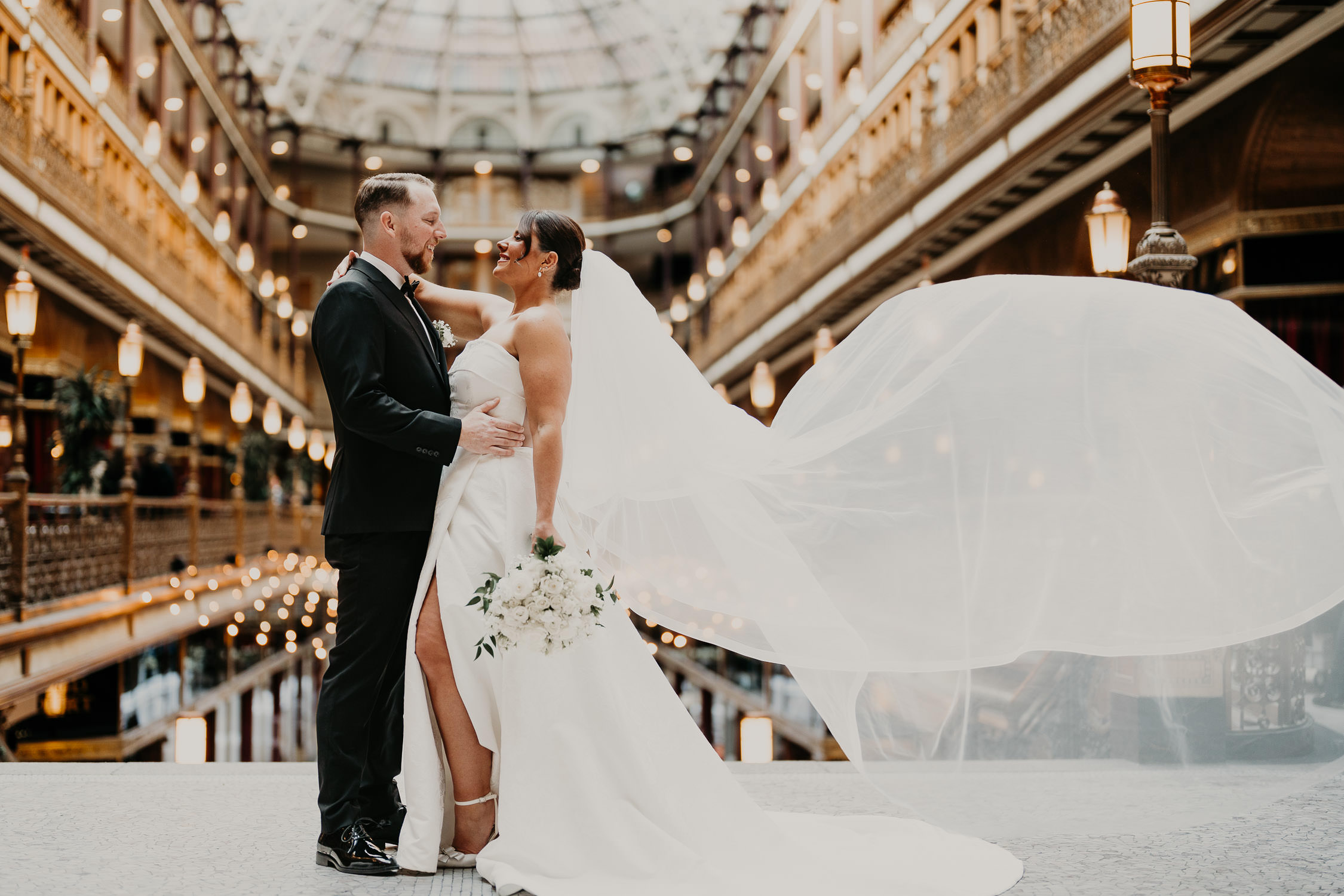 Bride and groom portrait at the Cleveland Arcade